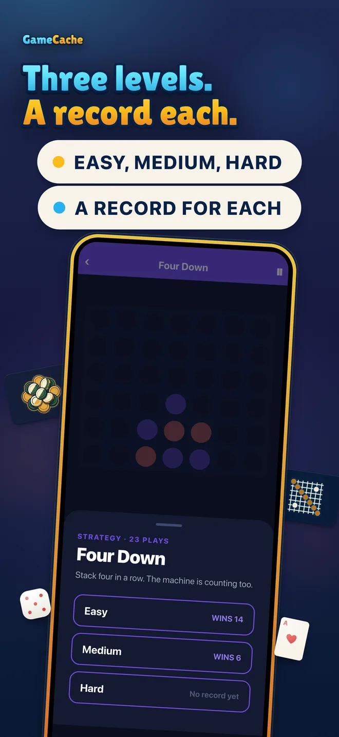 App Store panel 4 of 8: Four Down’s difficulty sheet with easy, medium and hard records