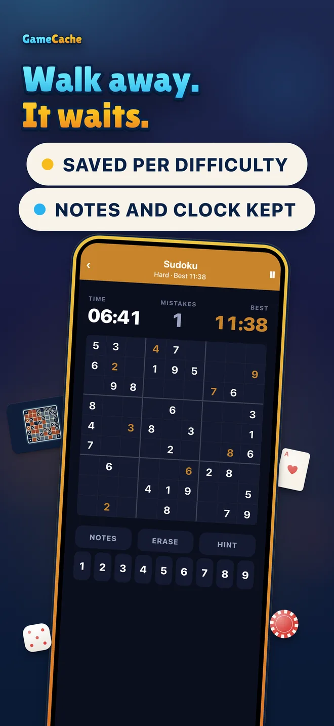 App Store panel 6 of 8: Sudoku resumed with the clock where it was